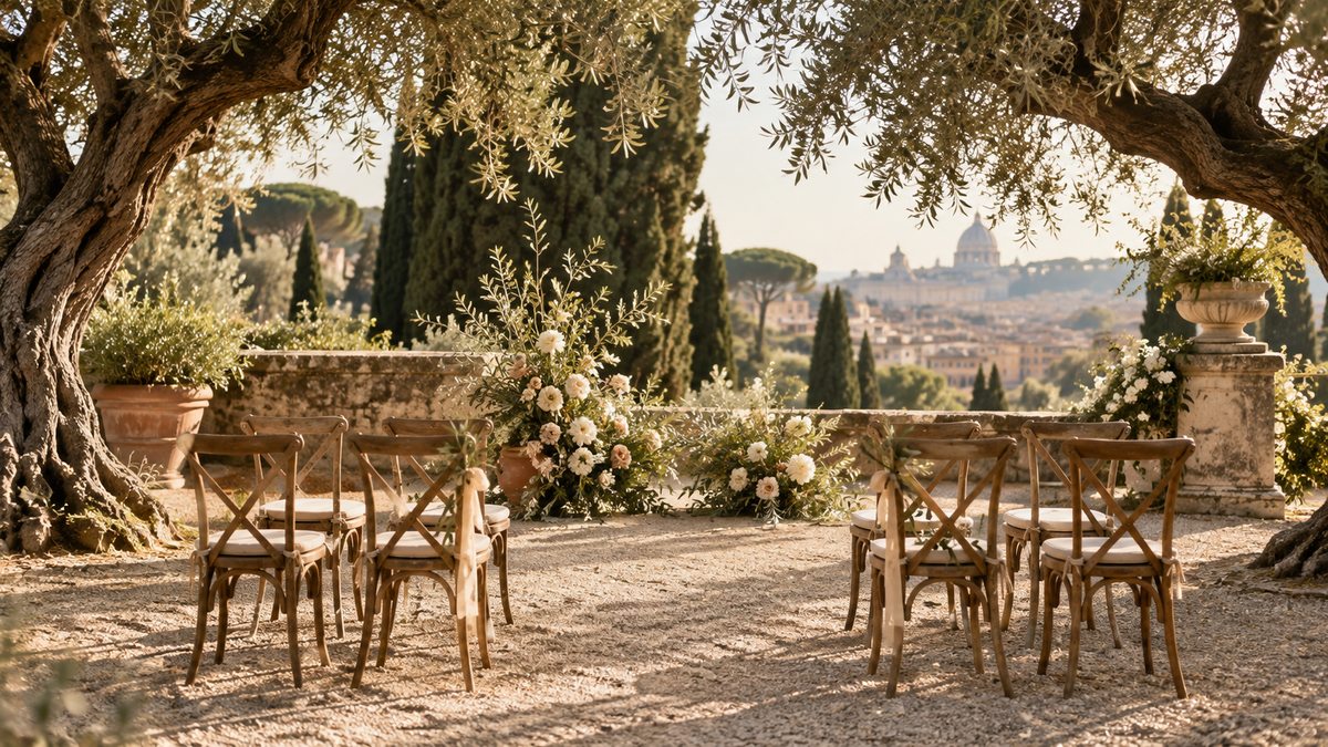 A small symbolic ceremony setting under olive trees