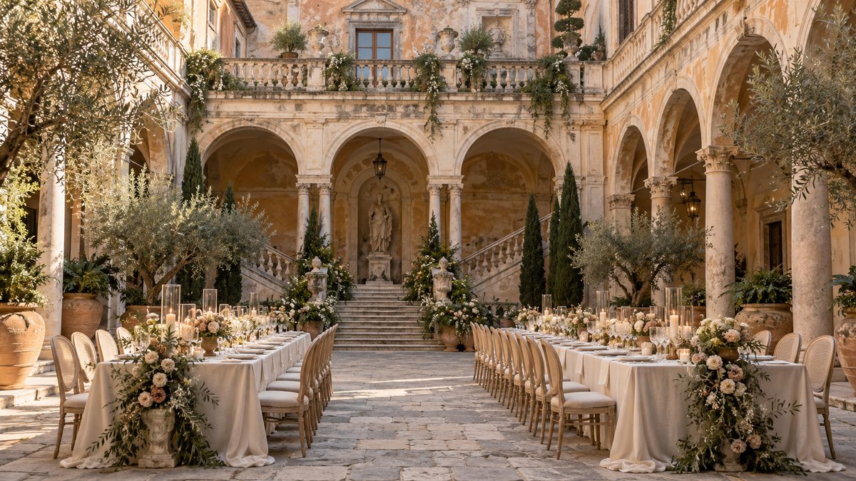 An imagined Italian palazzo courtyard prepared for a wedding dinner