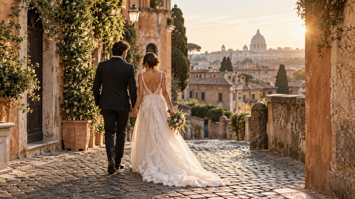 A wedding couple walking along a quiet Rome-inspired stone lane