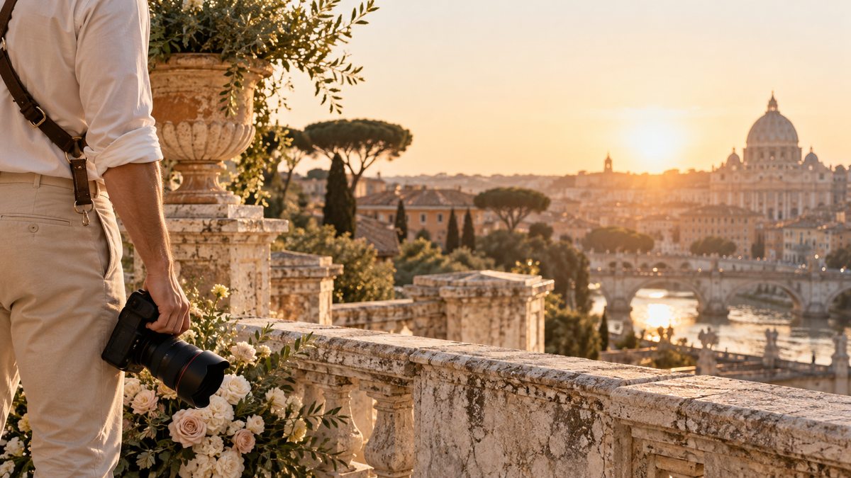 A photographer with a camera beside a stone terrace in warm morning light