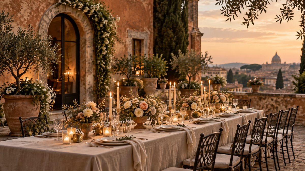 Long linen-covered wedding table in a candlelit Italian courtyard