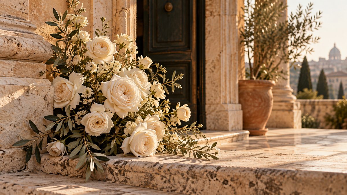 Ivory roses beside a weathered Italian villa doorway