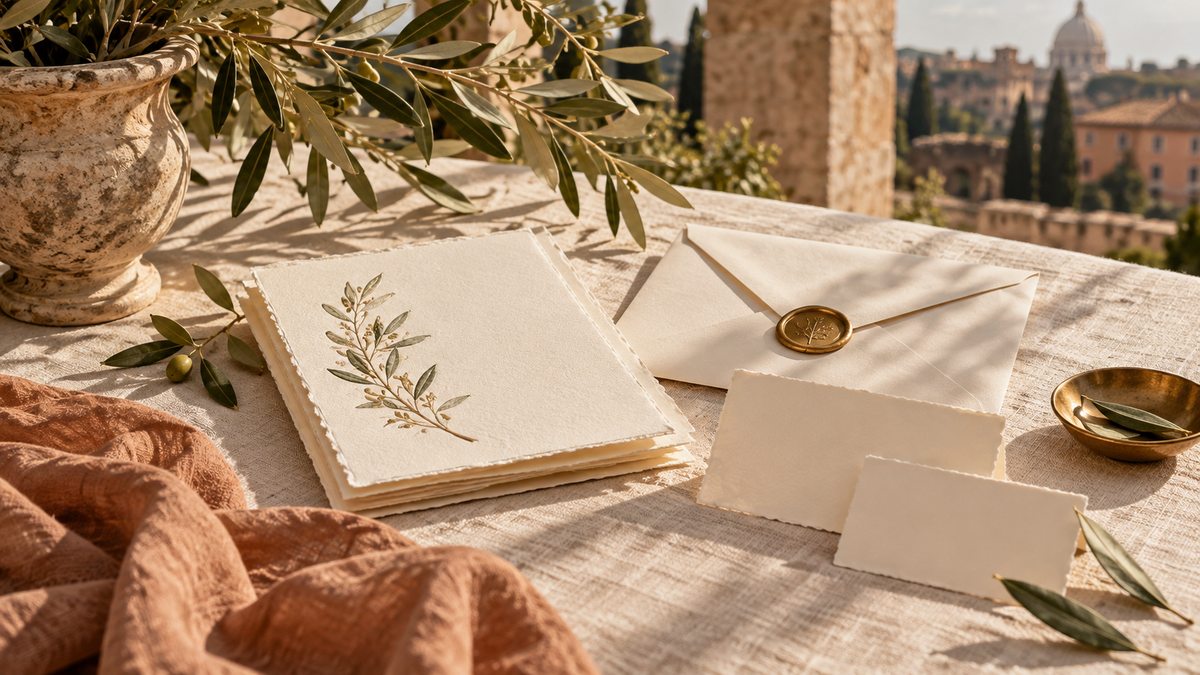 Blank wedding stationery and an olive sprig on soft linen
